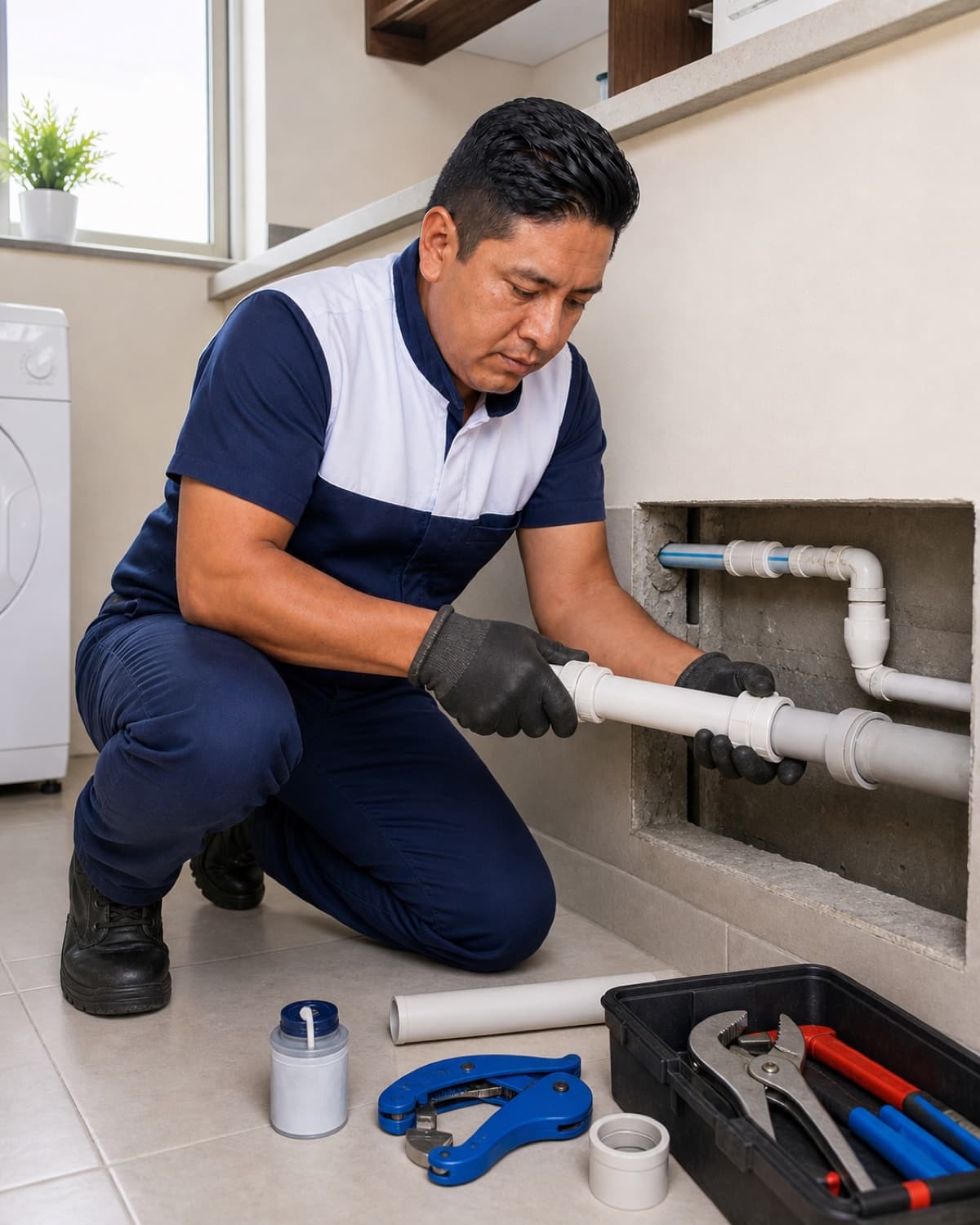Técnico de HomeService revisando conexiones de tubería en Quito