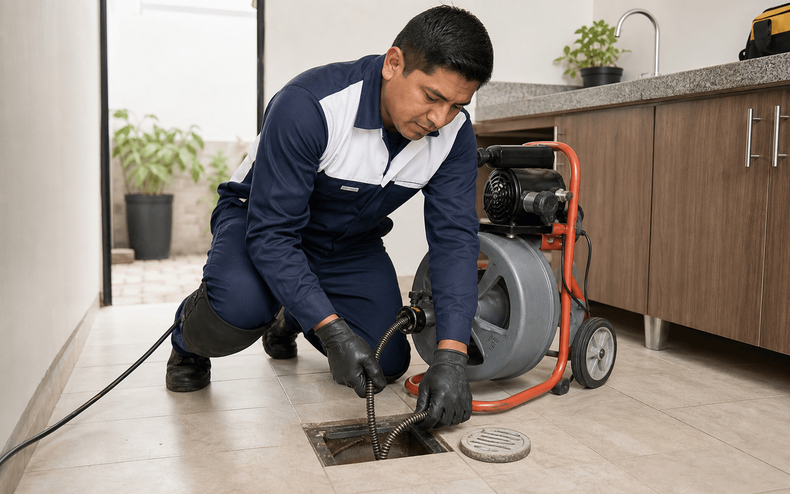 Técnico de HomeService trabajando en el destape de un desagüe
