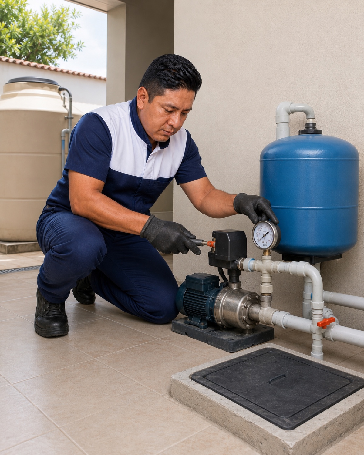 Técnico de HomeService revisando una bomba de agua en Quito