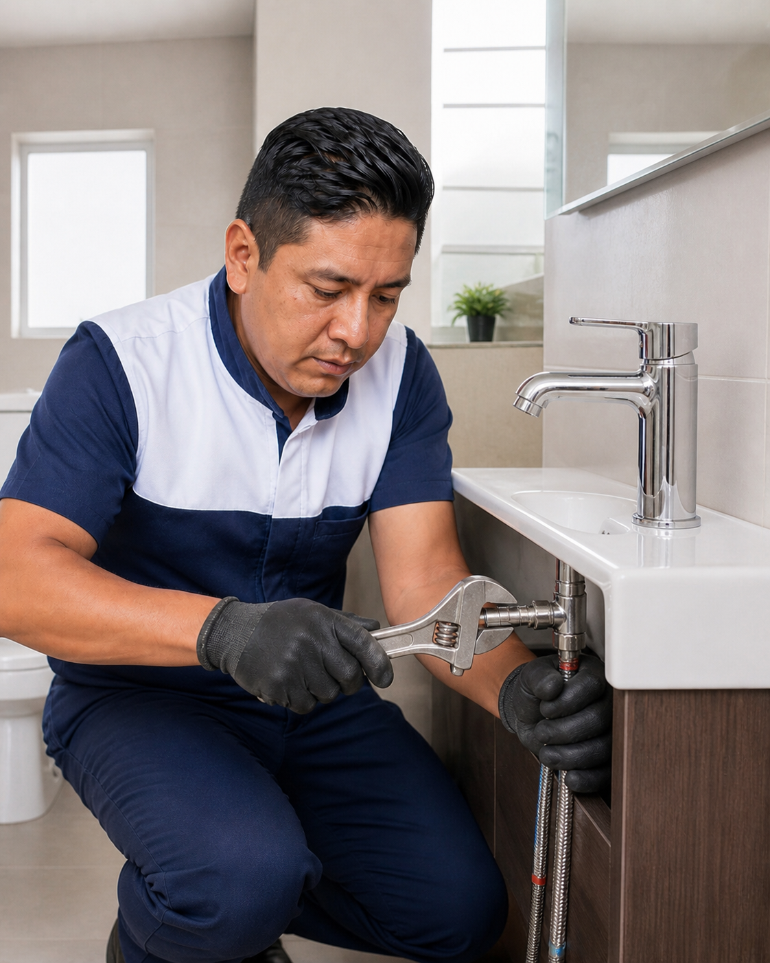 Técnico de HomeService ajustando la grifería de un lavamanos en Quito