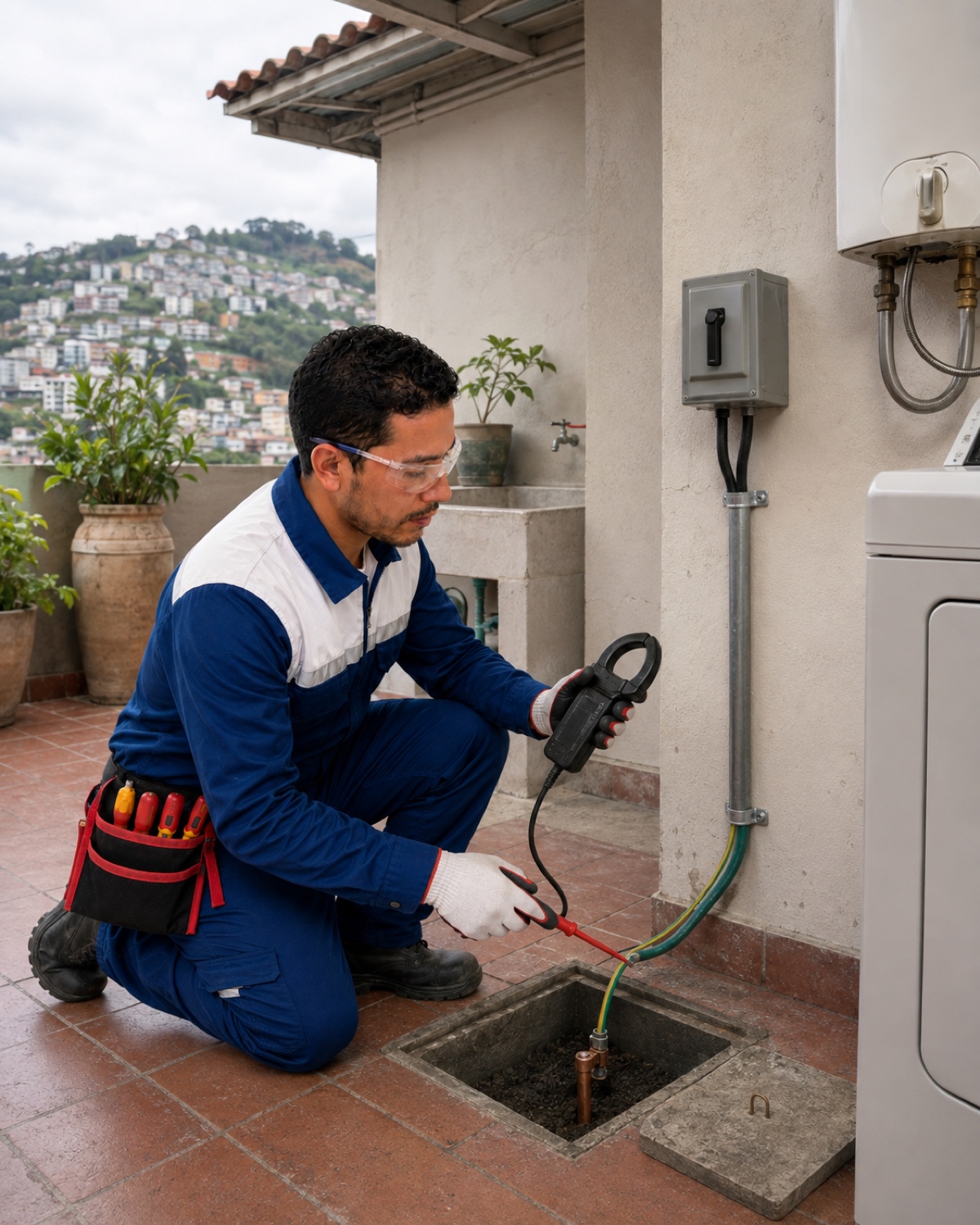 Técnico de HomeService verificando una puesta a tierra en Quito