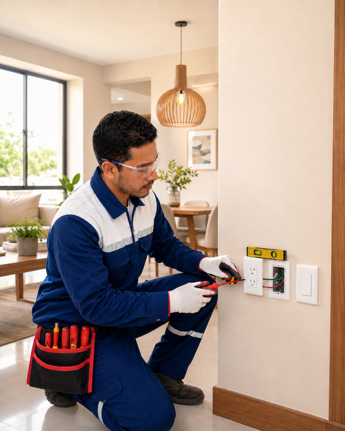 Técnico de HomeService instalando un tomacorriente en Quito