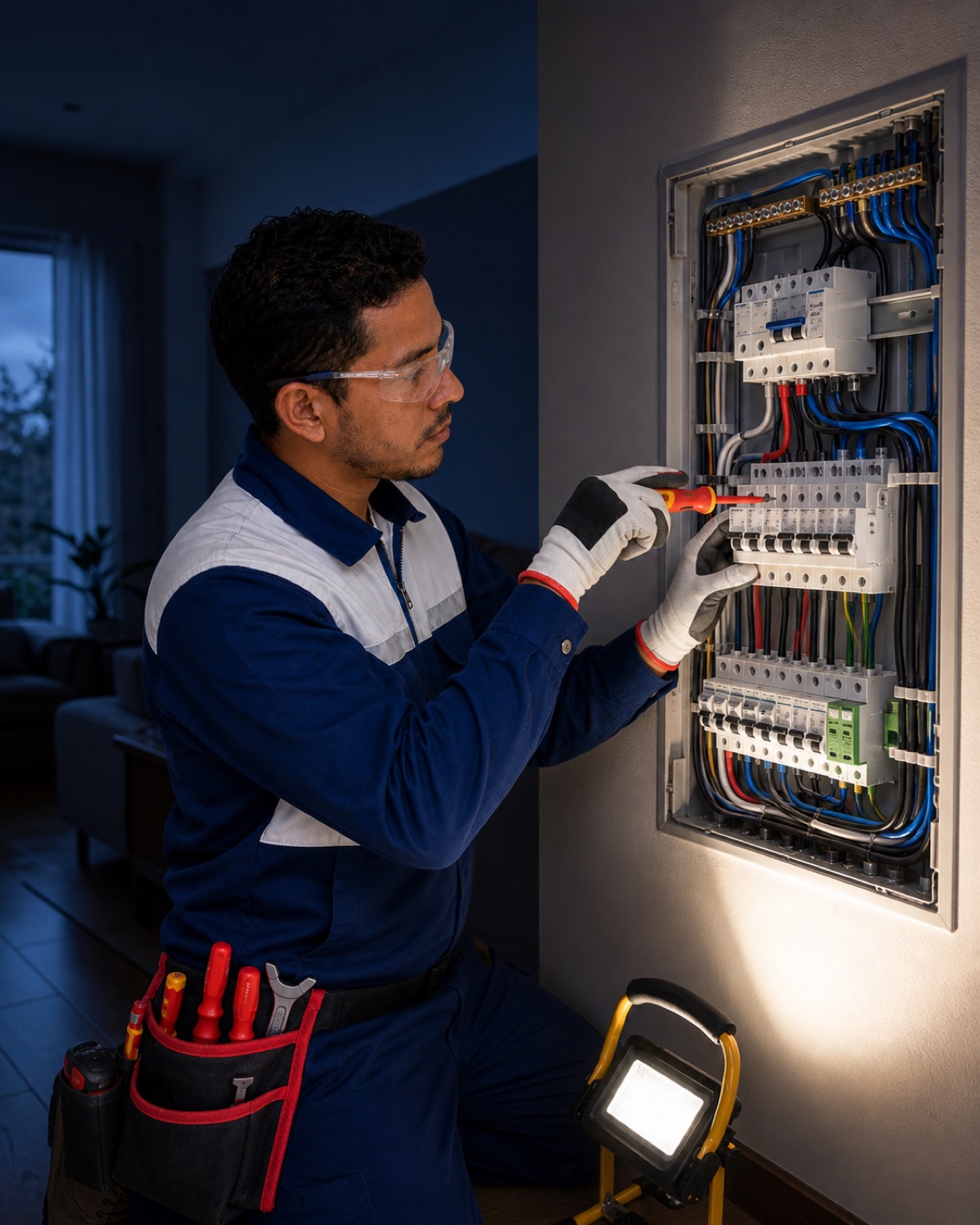 Técnico de HomeService revisando un tablero eléctrico en Quito