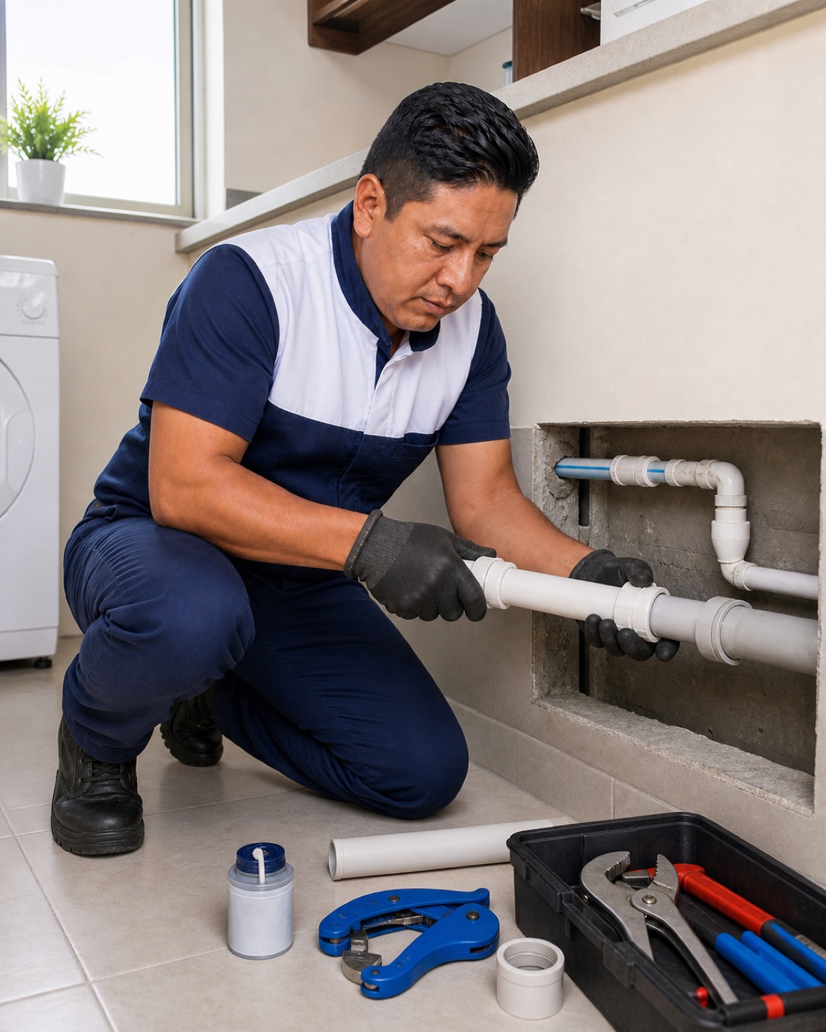 Técnico de HomeService revisando conexiones de tubería en Quito